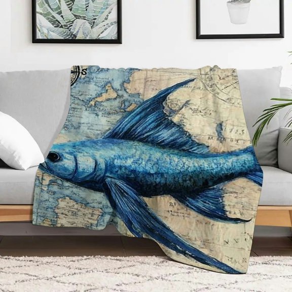 Creowell Blue Fish World Map Compass Flannel Blanket Soft Cozy Gift 30x40in