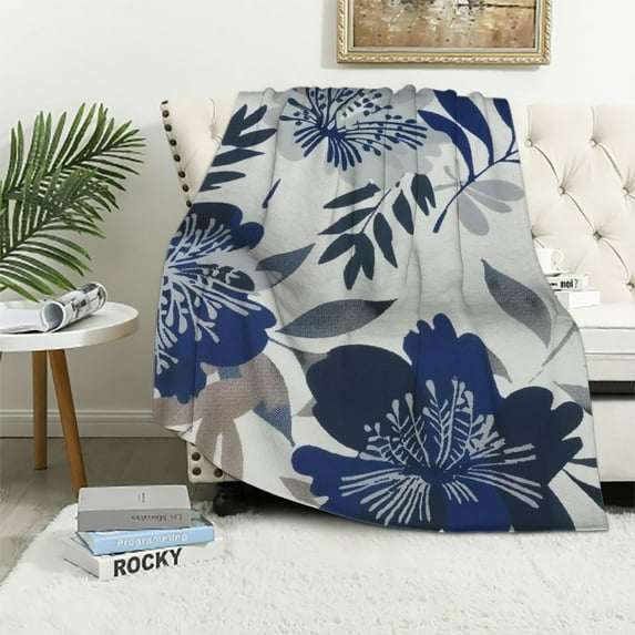 Creowell Blue Flower Grey Flower White Background Print Flannel Throw Blanket Lightweight Blanket for All Seasons Exquisite Gifts 40x50in