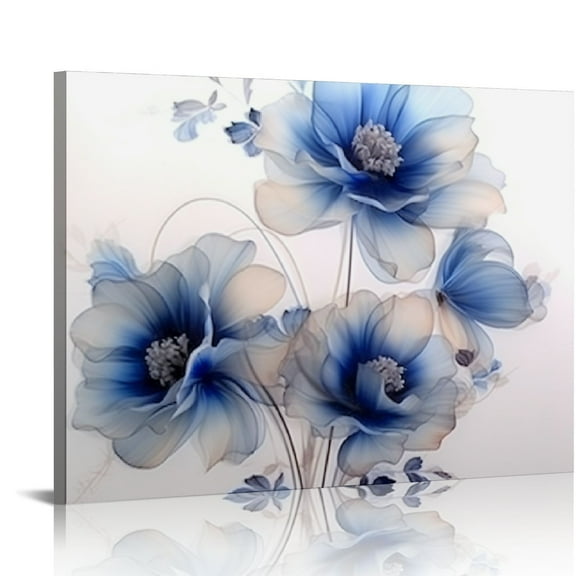 Creowell  Blue Flower Wall Art for Bathroom Bedroom Living Room Blue and White Wall Decor Floral Painting Canvas Print Picture for Home Decor Framed Artwork Ready to Hang 20x16 in/16x12 in
