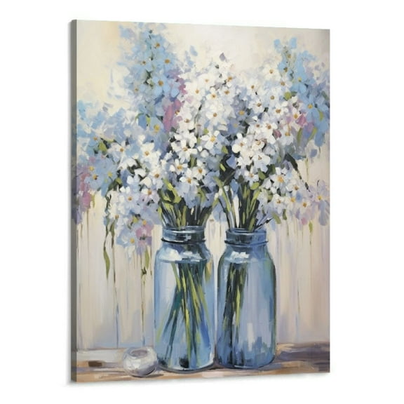 Creowell  Blue Flowers Canvas Wall Art: Abstract Bouquet in Vase Artwork Prints for Teen Girl Bedroom Blue Floral Picture Poster Bathroom Decor 16x20 Inches