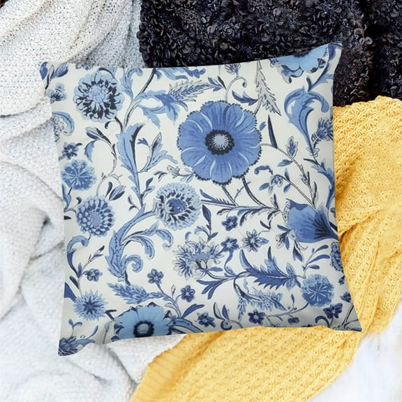 Creowell Blue Flowers Floral Pattern Decor Holiday Pillow Case - Set of 1 Linen Throw Pillow Cover for Home Sofa Couch 18x18in