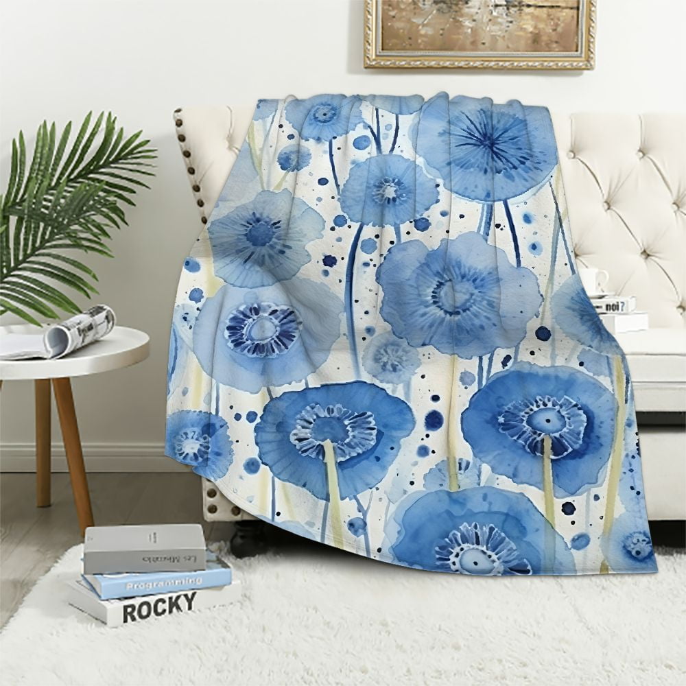 Creowell Blue Flowers Gifts Blanket Super Soft Flannel Throw Blanket