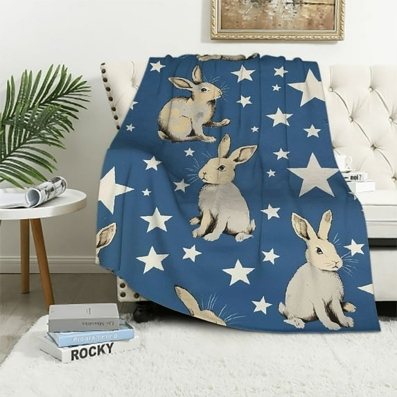 Creowell Blue Star Rabbit Bunny Blanket Flannel Lightweight Soft Cozy Happy Easter Gifts Throws Fuzzy Warm Cozy Bedding Blankets for All Season in Home Bed Sofa