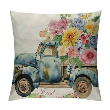 Creowell  Blue Truck Hydrangea Spring Throw Pillow Covers Pink Floral Outdoor Spring Summer Decor Farmhouse Lumbar Decorative Throw Pillows Cases Decorations for Couch Sofa Porch