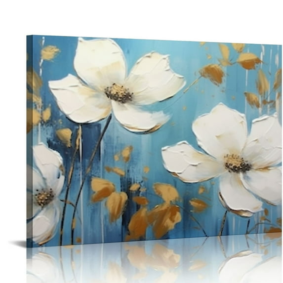 Creowell Blue Wall Art Decor Pictures for Living Room White Flower Canvas Print for Wall Abstract Floral Painting for Bedroom Yellow Elegant Blooming Flowers Artwork ,Ready to Hang 20x16 in/16x12 in