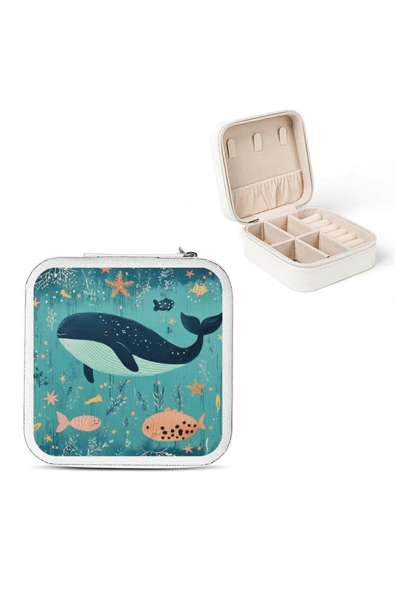 Blue Whale Sea Animals Stars Travel Jewelry Case Organizer Necklace Ring Earring Jewelry Box White
