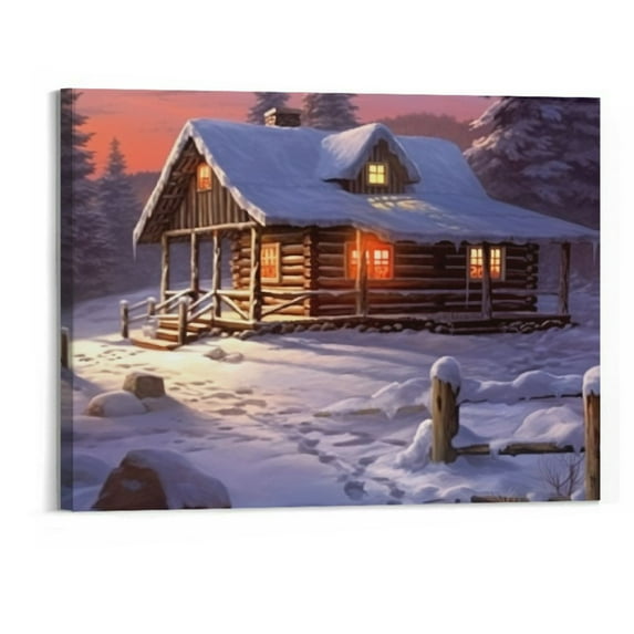 Creowell Blue Winter Rustic Wall Art Home Decor Canvas Printed Oil Painting Cabin Picture Living Dining Room Decorations Fashion Framed (20x16 Inch)