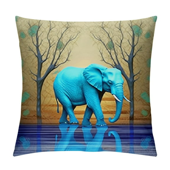 Creowell Blue and Gold Elephant Throw Pillow Cover, Short Plush Pillowcase, Home Decoration White