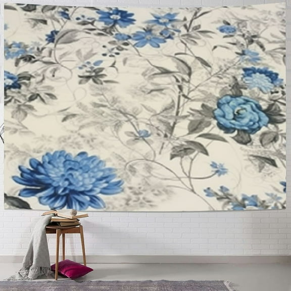Creowell Blue and White Flower Fabric Tapestry Home Decoration Dorm Room Wall Decor Plush Material 40x30inch