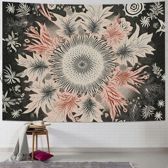 Creowell Bohemian Tapestry Wall Hanging, Beige White Floral Tapestry with Dotted Daisy Medallion Print Bedroom Boho Hippie Home Decor 60x50inch