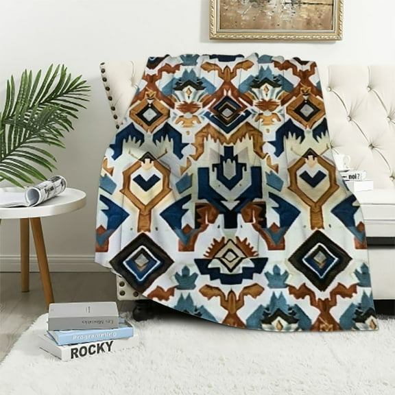 Creowell Boho Aztec Throw Blanket, Cozy Beige Tribal Blanket, Soft Flannel Tan Vintage Bohemian Throw Blanket, Fluffy Ethnic Geometric Blankets for Women Adults Gifts Bed Chair Sofa Cover White