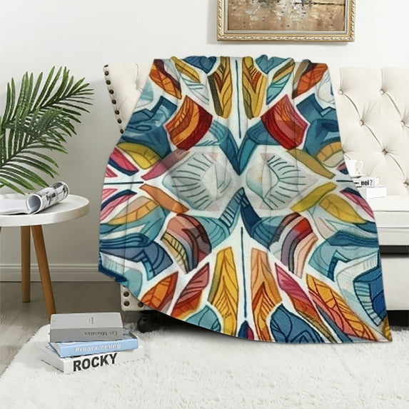 Creowell Boho Blanket for Women Kids Adults Flannel Colorful Squares Decor Cozy Throw Blankets for Couch Travel Nap White
