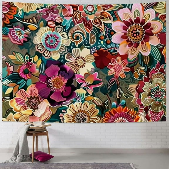 Creowell  Boho Floral Tapestry, Colorful Floral Tapestry Wall Hanging, Bohemian Multi Color Mandala Flower Plant Botanical Nature Scenery Aesthetic Tapestry for Bedroom Home Decor Multi Size Painting