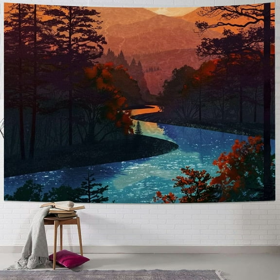 Creowell  Boho Mountain Forest Nature Tree Trippy Hippie Tapestry Sunset Lake Wall Hanging for Bedroom Dorm Outdoor Beach Aesthetic Home Decor Vertical Painting