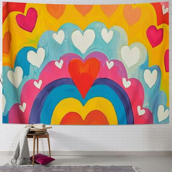 Creowell Boho Rainbow Tapestry, Retro Bohemian Rainbow Tapestry for Classroom Kids Girls Teen, Bright Pastel Tapestry Aesthetic Modern Mid Century Abstract Tapestry Wall Hanging Nursery