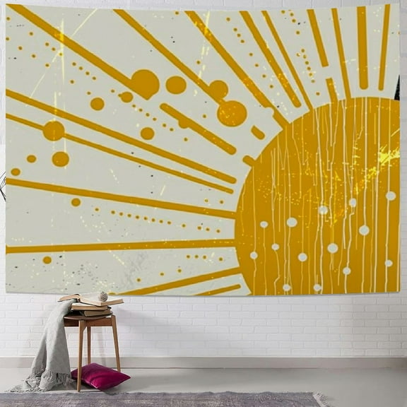 Creowell  Boho Sun Tapestry Hippie Minimalist Tapestries Wall Hanging for Bedroom Room Aesthetic 70s Decor Bohemian Vintage Yellow Golden Abstract Sunset Dorm Decor 40x30inch