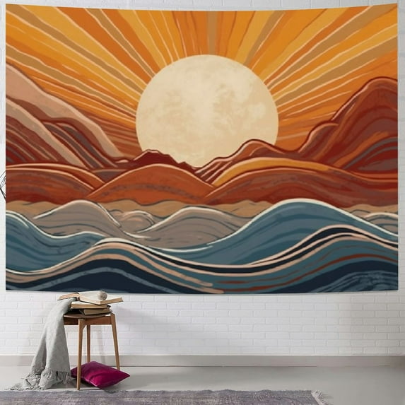 Creowell  Boho Tapestry Wall Hanging for Bedroom Aesthetic, Bohemian Vintage 70s Rainbow Sun Tapestries for Living Room, Retro Hippie Sunset Sea Wall Tapestry for Dorm Room Decor 40x60inch