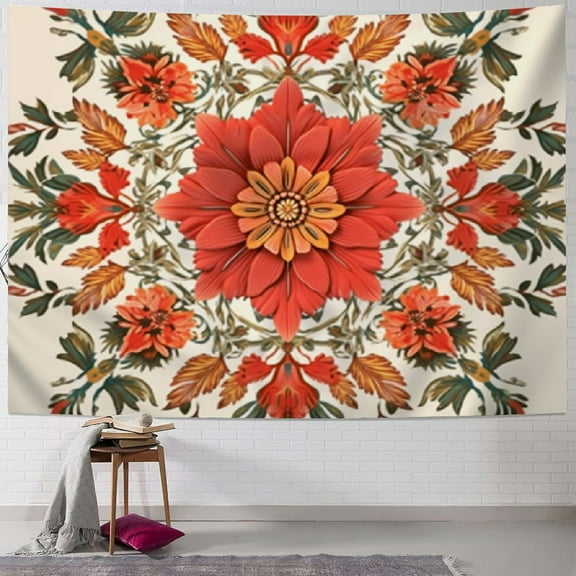 Creowell  Boho Tapestry Wall Hanging, Mandala Orange Floral Aesthetic Tapestry Bohemian Decor for Home Bedroom Dorm Living Room Teen Girl ( Orange Flower - Boho) 40x30inch