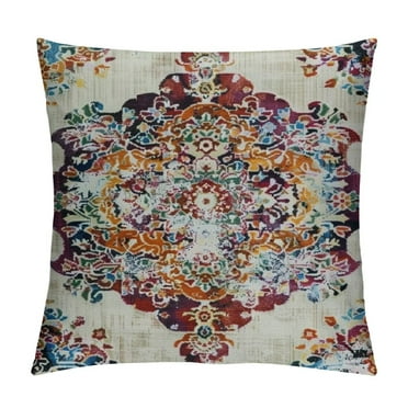 Creowell Boho Throw Pillows Cover Orange Blue Teal Ethnic Carpet Pillow Covers Farmhouse Fall Coral Floral Decorative Pillow Cases for Outdoor Living Room Couch Sofa Decor 22x22in