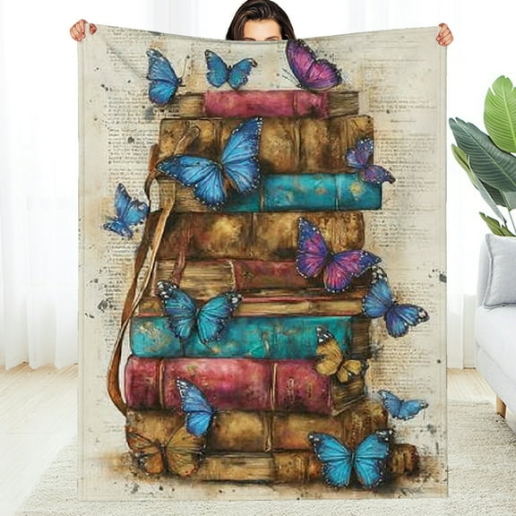 Creowell Book Lover Throw Blanket, Soft, Lightweight ,Vintage Stacked Books with Blue Butterfly on Literary Script Blankets, Gifts for Reader Writer, for Retro Home Living Room Decor 30*40in