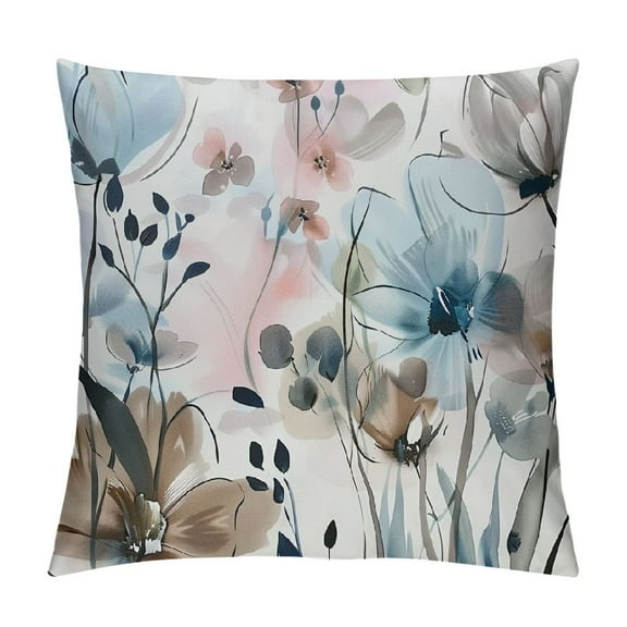 Creowell Brown Cream Grey Teal Floral Pillow Covers 18x18 Inch Watercolor Flower Couch Pillow Cases Rustic Abstract Modern Throw Pillows Farmhouse Home Decor for Room Bedroom Bed Cushion Outdoor