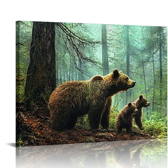 Creowell Brown bear house wall art for kids, cute animal canvas painting, picture depicting mother and cub in ancient forest, cute family wildlife decoration 20x16in