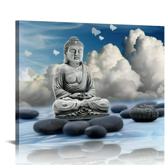 Creowell Buddha Statue Clouds Stones Canvas Print Wall Art Decor 16x12in