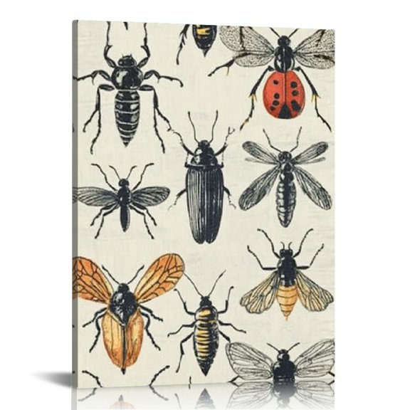 Creowell Bugs Insects Red Stripe Wall Decor Canvas Art for Home Living Room Office, Perfect Gift for Wedding Christmas Birthday 12x16in