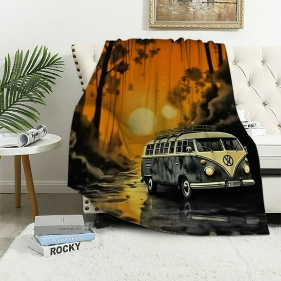 Creowell Bus At Night Print Throw Blanket for Bed, Couch, Car - Soft, Plush Blanket for Kids and Adults - All Seasons Exquisite Gift 40x50in