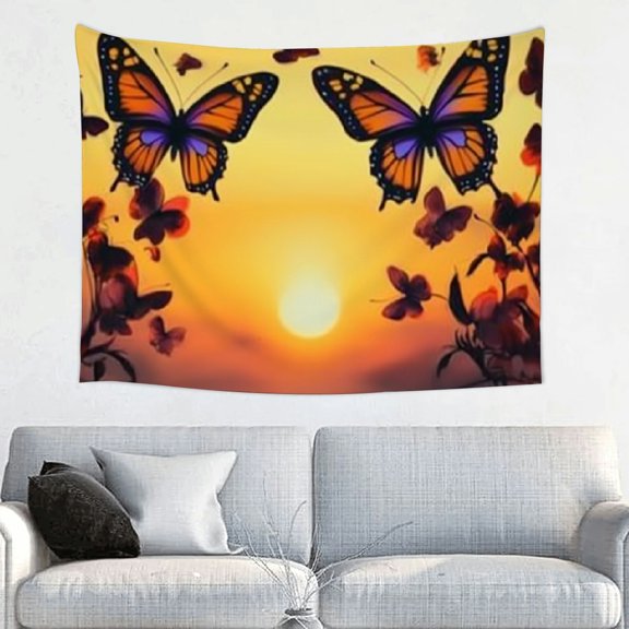 Creowell Butterflies Flowers Sunset Tapestry Home Decor 100% Polyester for Living Room Bedroom Dorm Decoration Wall Art Hanging, Decorative Bedroom, Living Room Decoration 40x30in