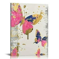 Creowell  Butterfly Pictures Wall Decor Pink and Gold Canvas Wall Art Prints for Girls Glam Fashion Artwork for Bedroom Bathroom Framed 16x20 in/12x16 in