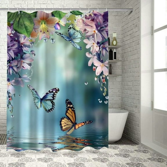 Creowell  Butterfly Shower Curtains with Hooks, Floral Shower Curtain, Blue Butterfly Shower Curtain, Watercolor Flowers and Green Leaves Fabric Curtains for Bathroom Decor  36x72