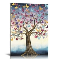 Creowell  Butterfly Wall Art Tree of Life Canvas Paintings Prints Purple Framed Picture for Dining Room Bedroom Bathroom Decor 16x20 in/12x16 in