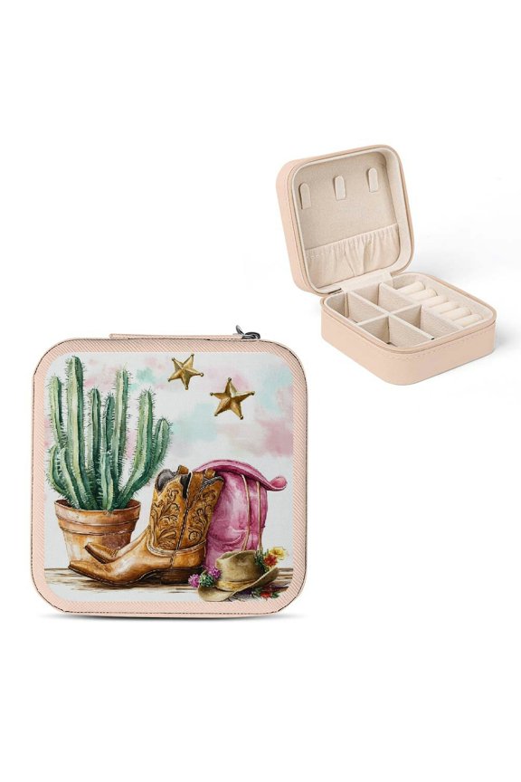 Cactus Cowboy Boots Hat Jewelry Box Travel Organizer Pink