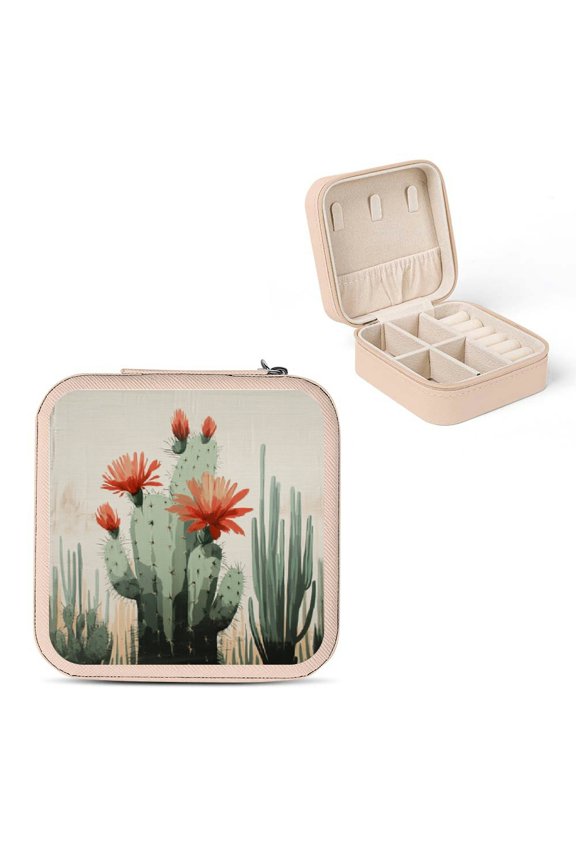 Cactus Red Flower Travel Jewelry Case for Necklace, Ring, Earring - Compact Size Jewelry Organizer Box with Multiple Storage Spaces Pink