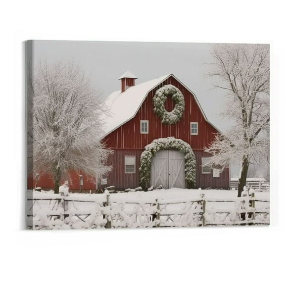 Creowell Canvas Nature Wall Art Home Paintings & Prints Snow Covered Covered Red Barn Modern Winter Festival Wall Hanging Decorations for Bedroom Office Kitchen -20x16 Inch