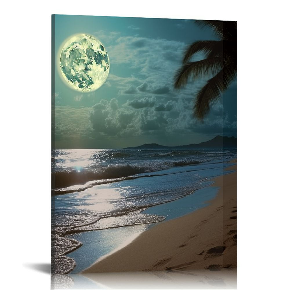 Creowell Canvas Print Wall Art Harvest Moon Night Sky Tropical Ocean ...