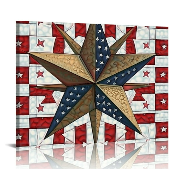 Creowell  Canvas Print Wall Art Painting, Independence Day American Flag Star Pattern Fourth of July Red Blue Framed Picture Artwork for Bathroom Living Room Home Decoration 20x16in