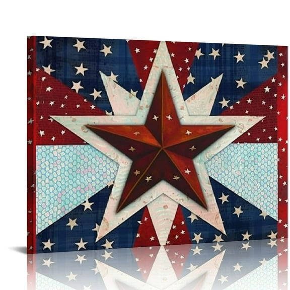 Creowell  Canvas Print Wall Art Painting, Independence Day American Flag Star Pattern Fourth of July Red Blue Framed Picture Artwork for Bathroom Living Room Home Decoration 20x16in