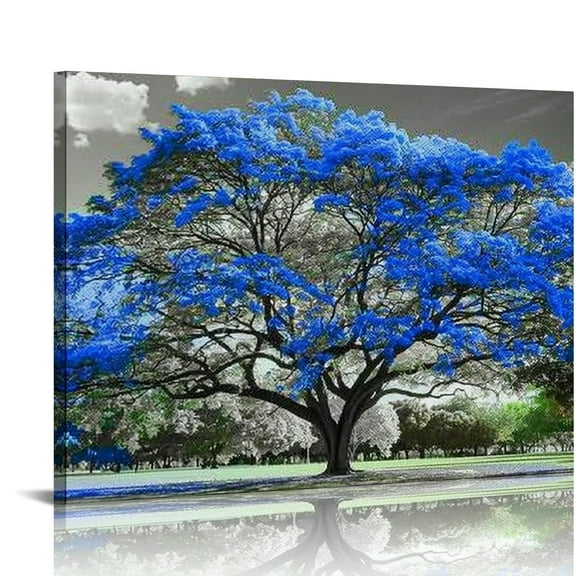 Creowell  Canvas Prints Blue Tree Wall Art Painting Contemporary Black and White Fall Landscape Pictures Modern Stretched and Framed Artwork for Walls 20x16in