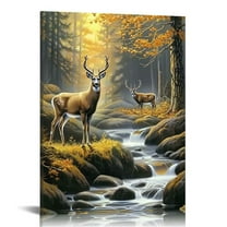 Creowell Canvas Wall Art - Canvas Prints Wall Decor for Bathroom - Deers Stream in Forest Painting Canvas Picture Artworks Framed Modern Wall Art for Home Bedroom Living Room Kitchen 12x16 in