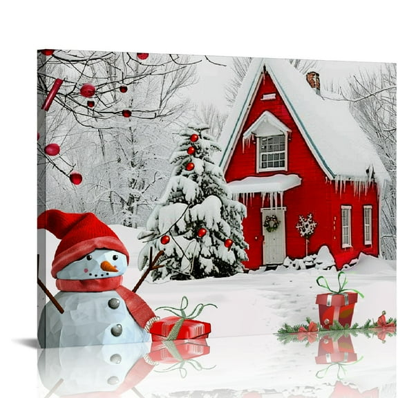 Creowell Canvas Wall Art, Christmas Gnome Snowman Barn Pine Tree Snow Winter Watercolor Painting Square Framed Painting Pictures Print On Canvas for Kitchen Living Room Home Decor 20x16in