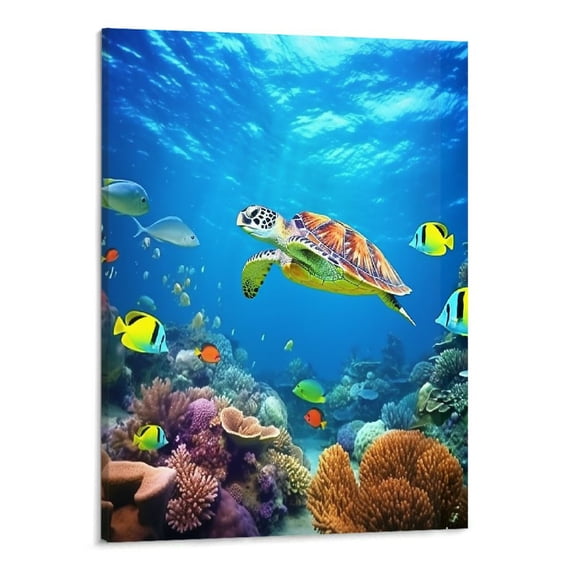Creowell Canvas Wall Art Picture 16x20in for Living Room Bedroom Turtle Colored Fish Coral Art Modern 16x20in