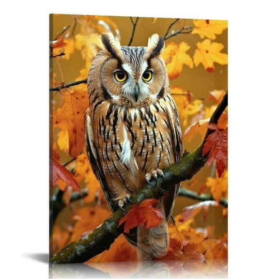 Creowell Canvas Wall Art Prints Painting Owl Birds Autumn Fall Maple Leaf Modern Frame Wall Decorative Artwork Ready to Hang for Living Room,16x20 in/12x16 in