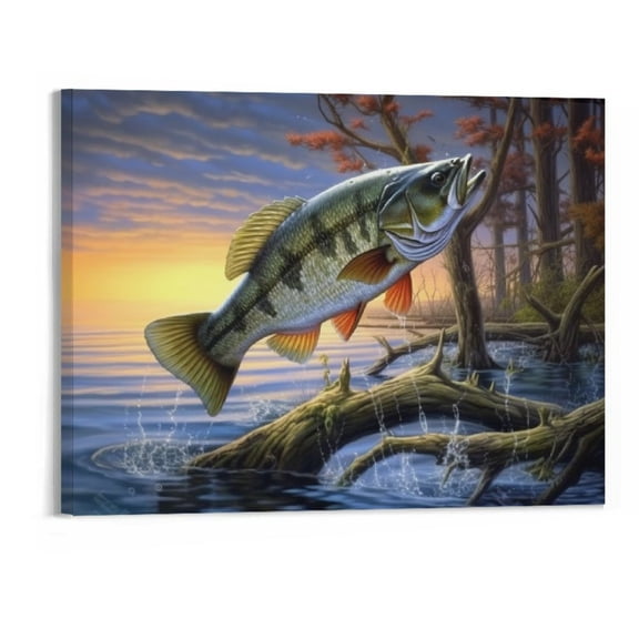 Creowell Canvas Wall Art Sunset Bass Fish Jumping Out of The Water -Canvas Art Wall Art Stretched and Framed Ready to Hang -20x16 inch Printed Artworks for Home Bathroom Living Room Bedroom Decoration