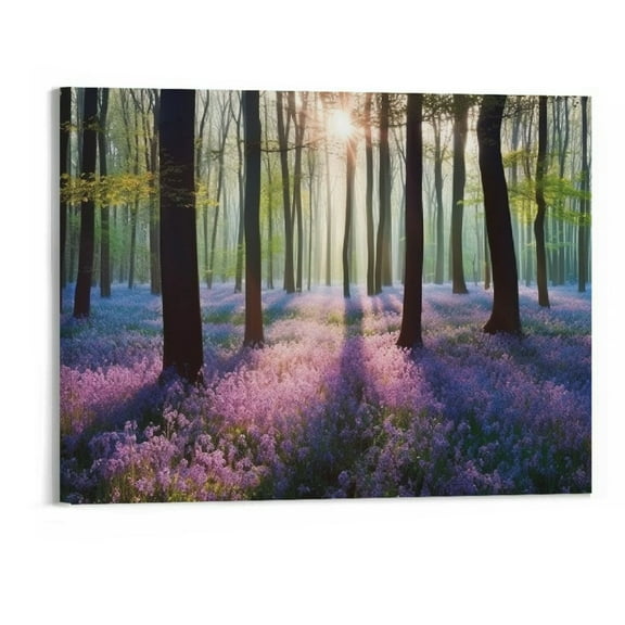 Creowell Canvas Wall Art Sunshine in Forests with Purple Lavender Flower Painting Print- Long Canvas Artwork Contemporary Nature Picture for Living Room Office-20"x16"in