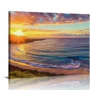 Creowell Canvas Wall Decorations Sunrise From Hanauma Bay On Oahu, Hawaii Landscape Printed Paintings For Living Room Framed Ready To Hang  20x16in