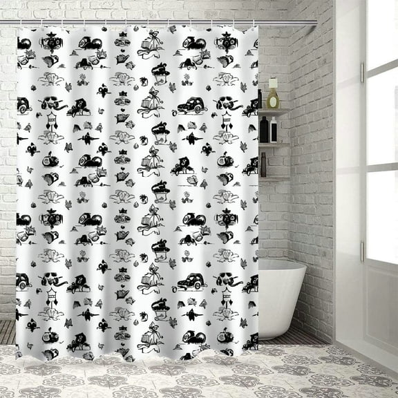 Creowell  Cars Shower Curtain, Transportation and Automotive Industry Themed Sketch Art Style Print, Cloth Fabric Bathroom Decor Set with Hooks,Black and White