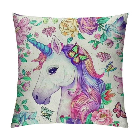 Creowell Cartoon Unicorn Throw Pillow Covers Kawaii Unicorn Pillow Cases Cushion Covers for Decor Cute Butterfly Dragonfly Throw Pillowcases Colorful Floral Flowers Cushion Cases Bedroom