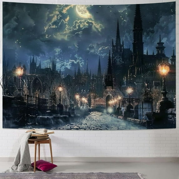 Creowell Castle Moon Night Tapestry, Wolf Fantasy Medieval Town Wall Hangings Tapestry for Men Bedroom Gothic Style Castle Tapestries for Living Room Office Dorm Man Cave Background 40x30inch